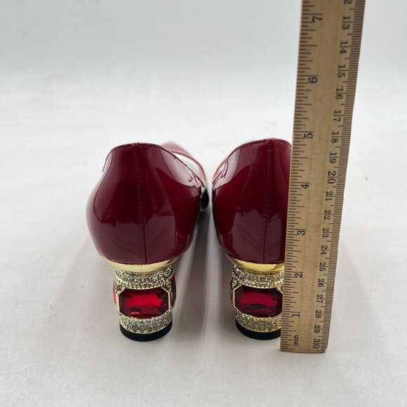 FSJ Dark Red Bridal Pointed Toe Chunky Block Low Heel Crystal Pumps Slip on Shoe - Picture 5 of 8
